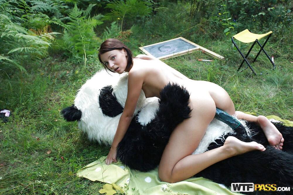 Naughty teen cutie with svelte body have some fun with a panda toy outdoor - #9