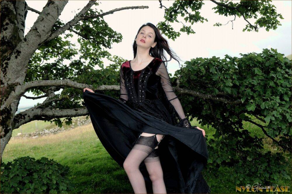 Goth girl exposes her natural tits in sexy lingerie and nylons out in a field - #10