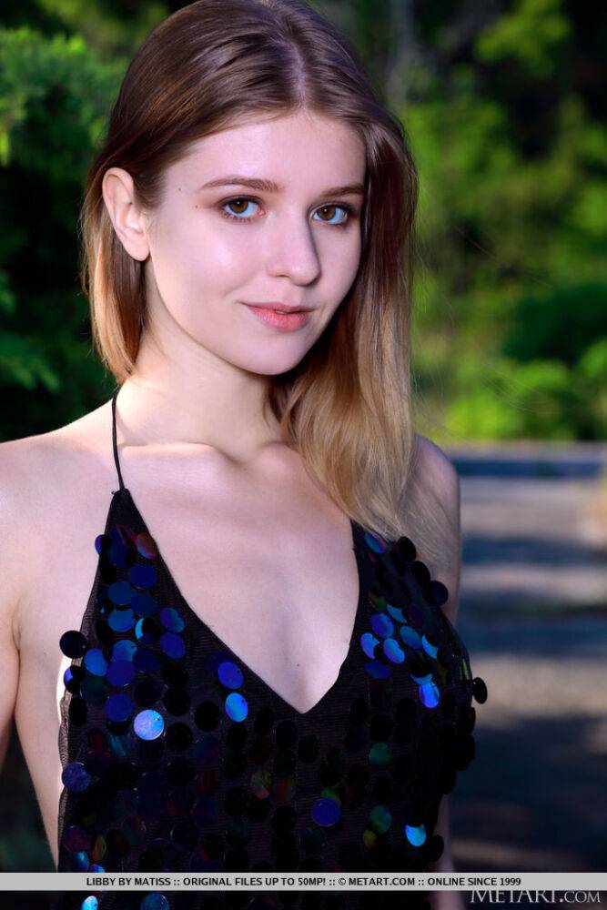 Nice young girl Libby doffs a cocktail dress to get naked on a driveway - #16