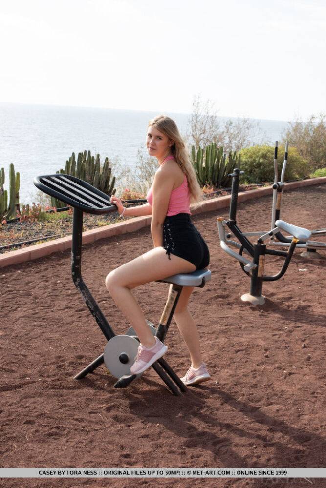 Fit teen Casey rides a stationary bike before posing naked at a lookout spot - #2