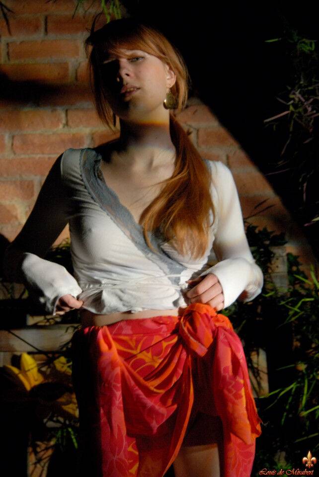 Natural redhead Lina exposes her upskirt underwear while in a garden setting - #10