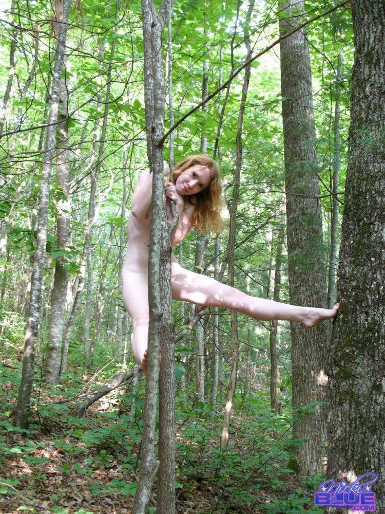 Natural redhead Nicki Blue swings from a tree while totally naked in the woods - #6