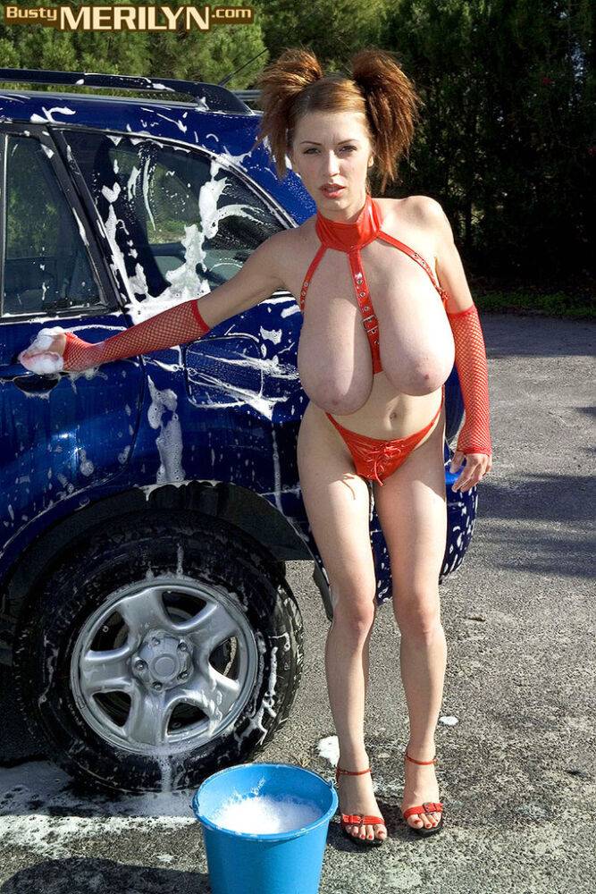 European MILF Merilyn Sakova washes a car with her massive tits hanging free - #12