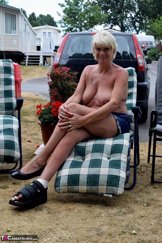 Older blonde Dimonty gets naked in a trailer park during solo action - #3