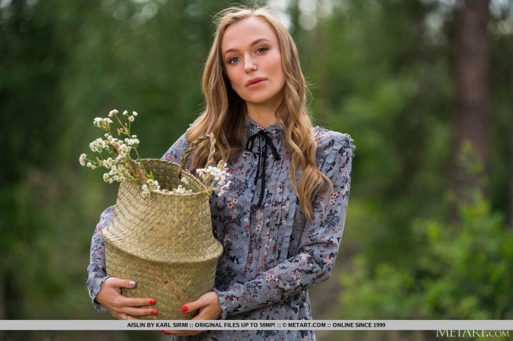 Slim model Aislin gets totally naked on a blanket after picking flowers - #2