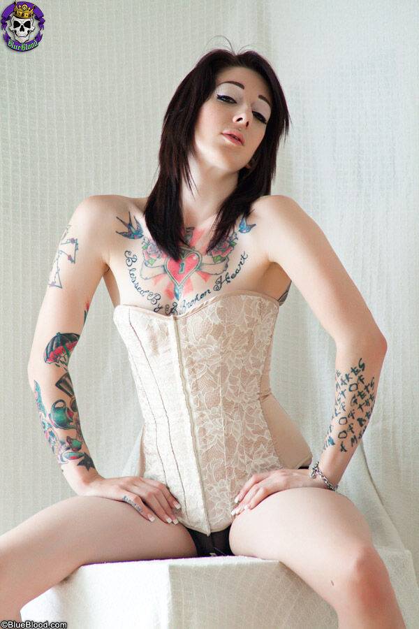 Tattooed Goth Angel Beau removes a corset to pose nude in black socks - #10