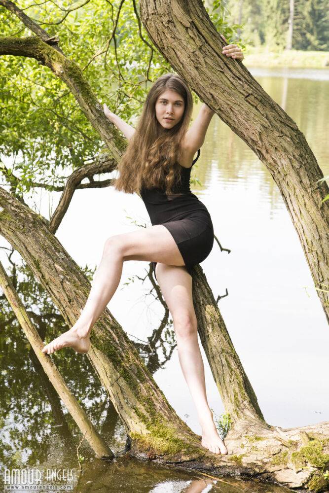 Barefoot teen Londa removes a black dress to pose nude in a tree - #2