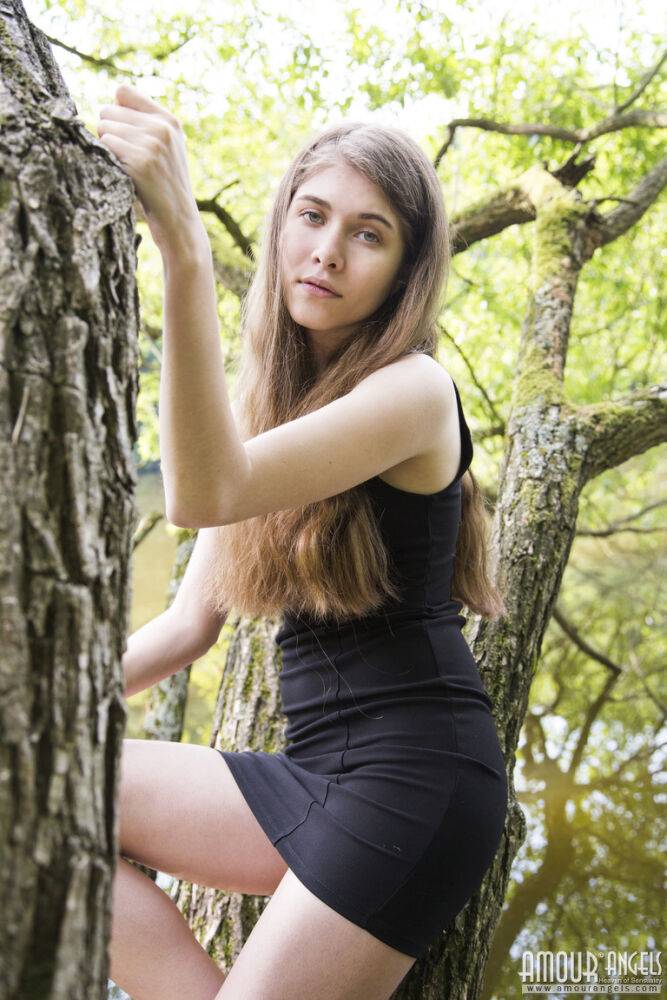 Barefoot teen Londa removes a black dress to pose nude in a tree - #7