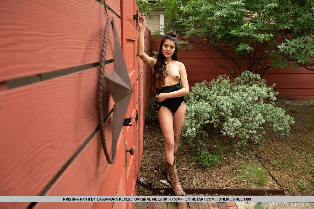 Sweet teen exposes her tiny tits in a backyard before getting naked indoors - #14