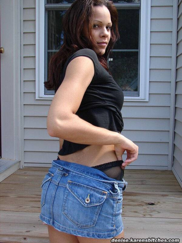 Amateur solo girl flashes her upskirt panties in a denim skirt - #12