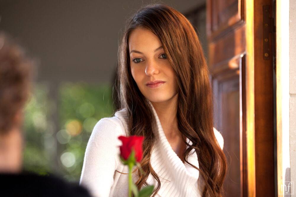 Beautiful teen girl Alexis Venton is all smiles at receiving a single red rose - #1