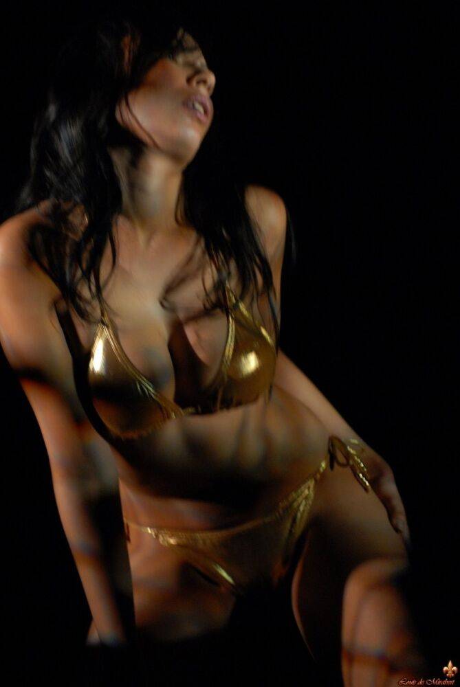 Hot girl Kleo works her body free & clear of a gold bikini during solo action - #2