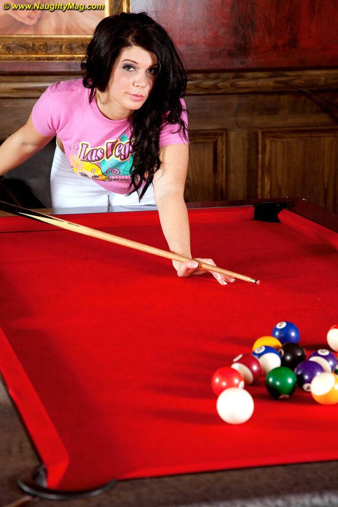 Amateur girl Kandi Luv exposes her natural tits on top of a pool table - #15