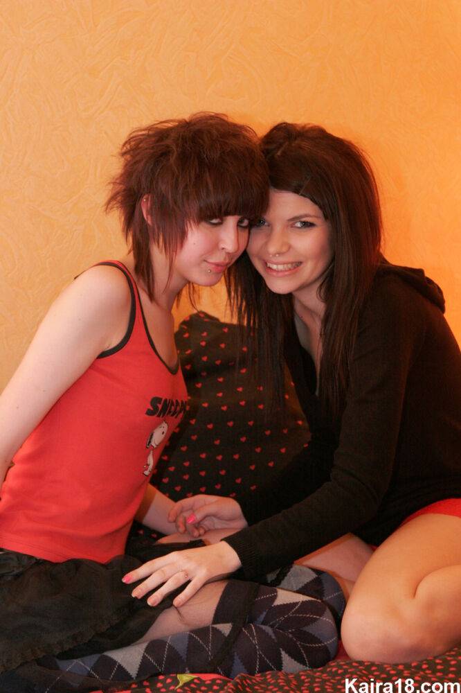 Cute teens Kaira 18 & Kate indulge in light lesbian play on a bed - #7