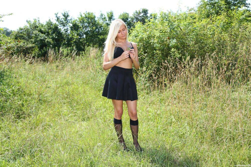 Blonde teen models naked in knee high nylon socks on a bluff - #10