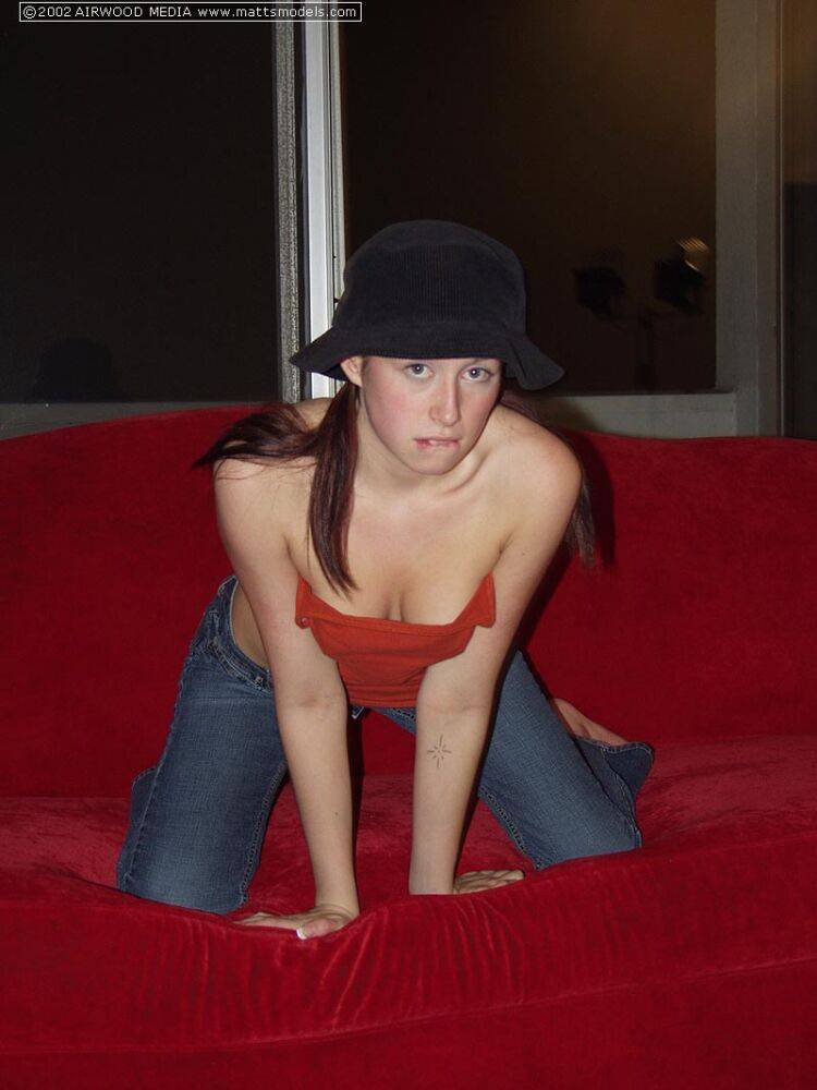 Teen girl Mandy makes her nude debut on a sofa in pigtails and a funky hat - #2