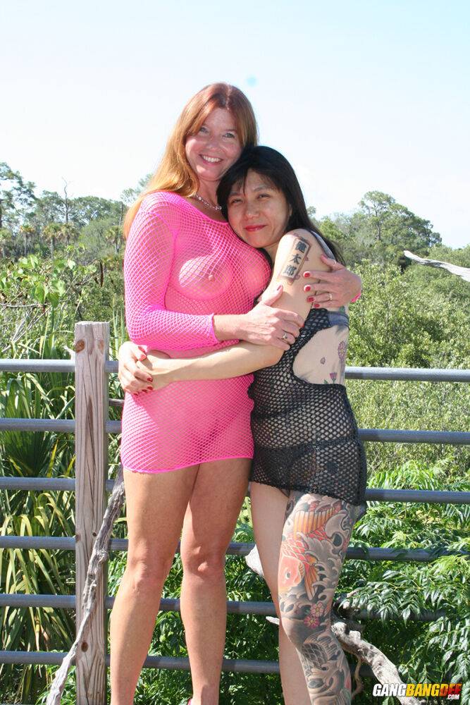 Mature redhead Dee Delmar and a tattooed girl blow a black dick together - #9