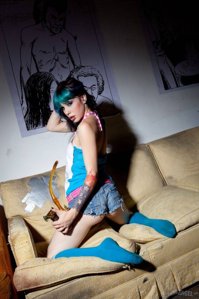 Tattooed girl with dyed hair Krysta Kaos hits a bong before getting naked - #10