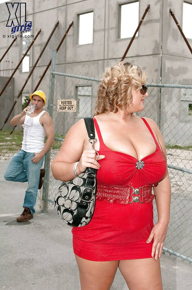 Busty blond bbw in red skirt gets caressed and kissed by a construction worker - #1