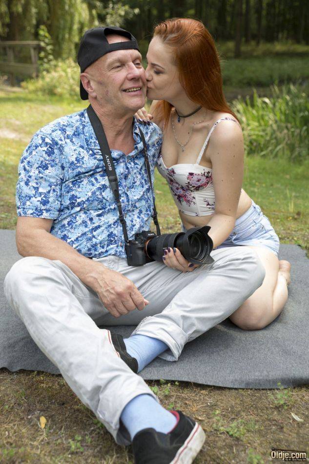 Young redhead Red Linx and her old lover fuck on a blanket in a nature park - #3