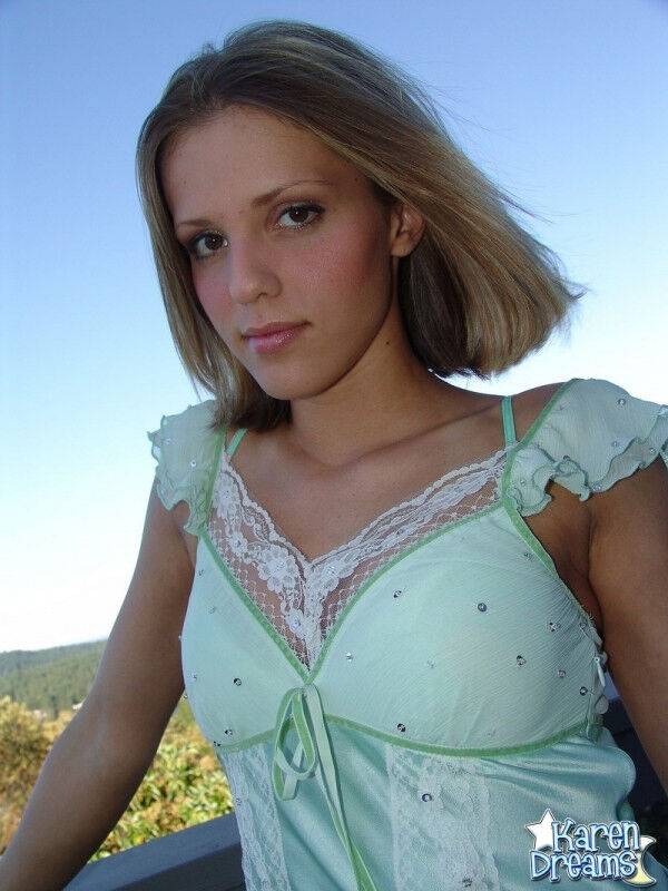 Blonde teen Karen exposes her upskirt panties at a lookout spot - #11