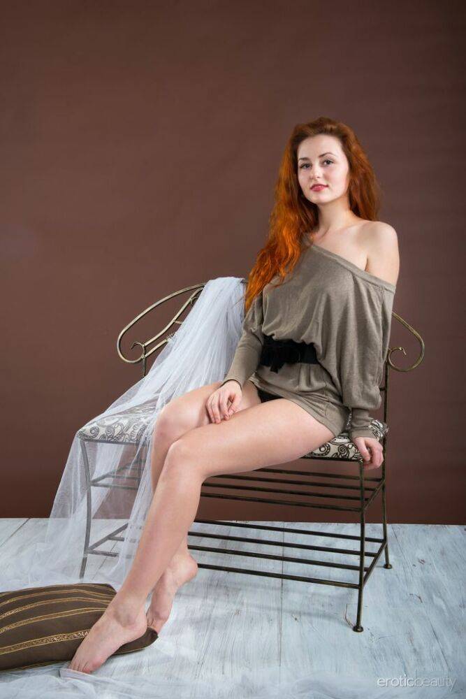 Hot redhead Sascha A spreading barefoot with her perky tits expose on a bench - #10