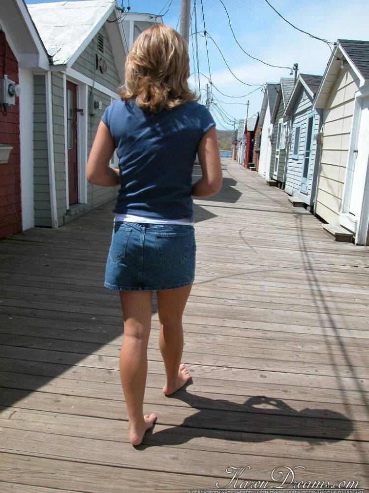 Cute young Karen squats on the pier to flash a hot cotton panty upskirt - #1