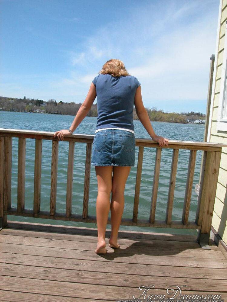 Cute young Karen squats on the pier to flash a hot cotton panty upskirt - #9