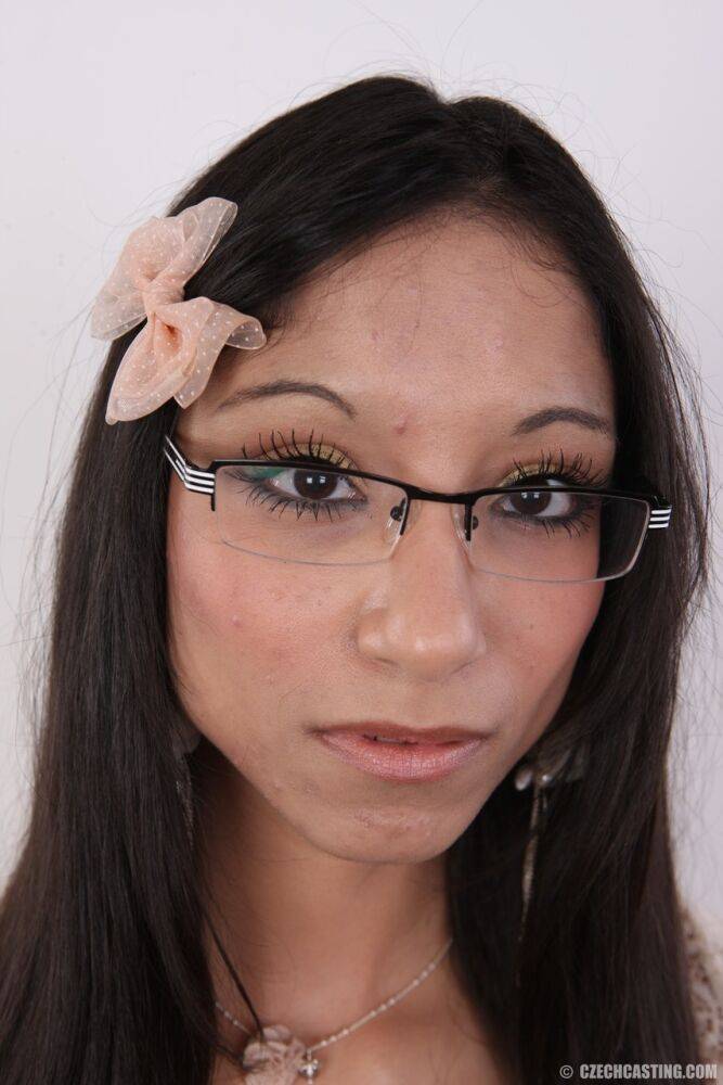 Amateur girl Lucie wears a bow in hair and glasses on face for her nude debut - #14