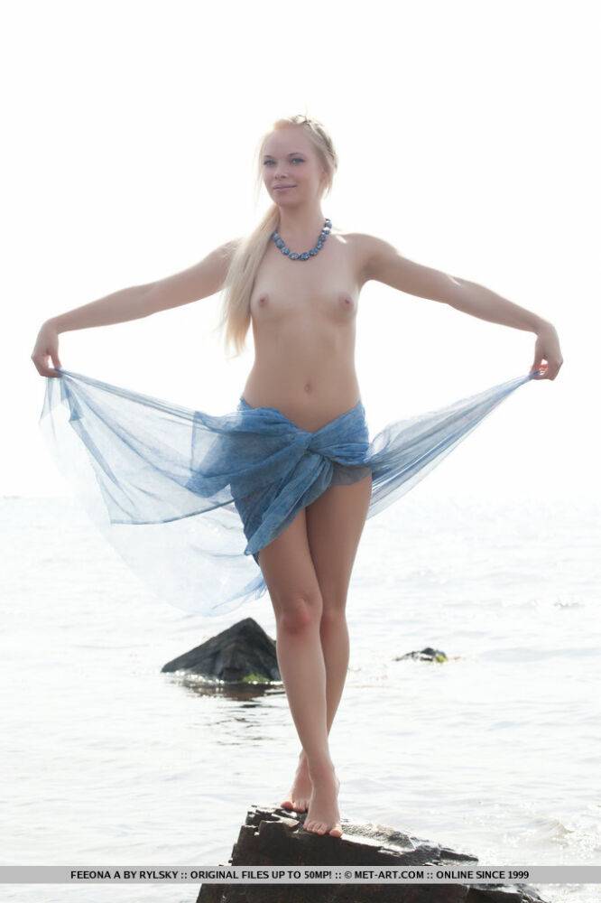 Blonde hot teen Feeona A posing on beach showing tiny titties & shaved pussy - #16