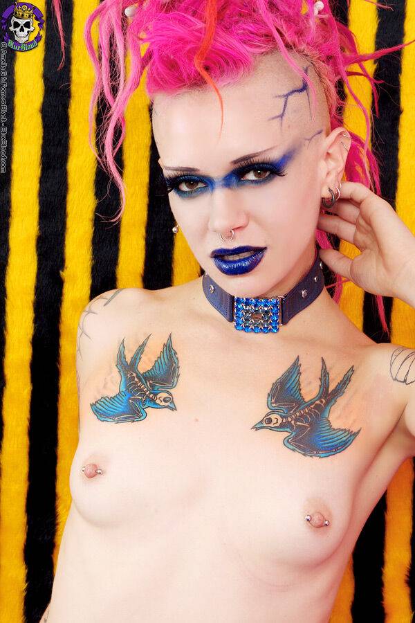 Alt girl Roxy Contin sports pink hair while doffing a spiky bra to pose nude - #4