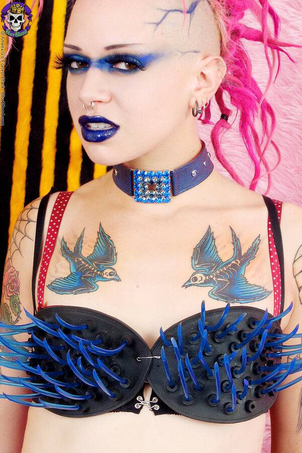 Alt girl Roxy Contin sports pink hair while doffing a spiky bra to pose nude - #15