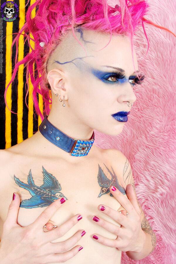 Alt girl Roxy Contin sports pink hair while doffing a spiky bra to pose nude - #7