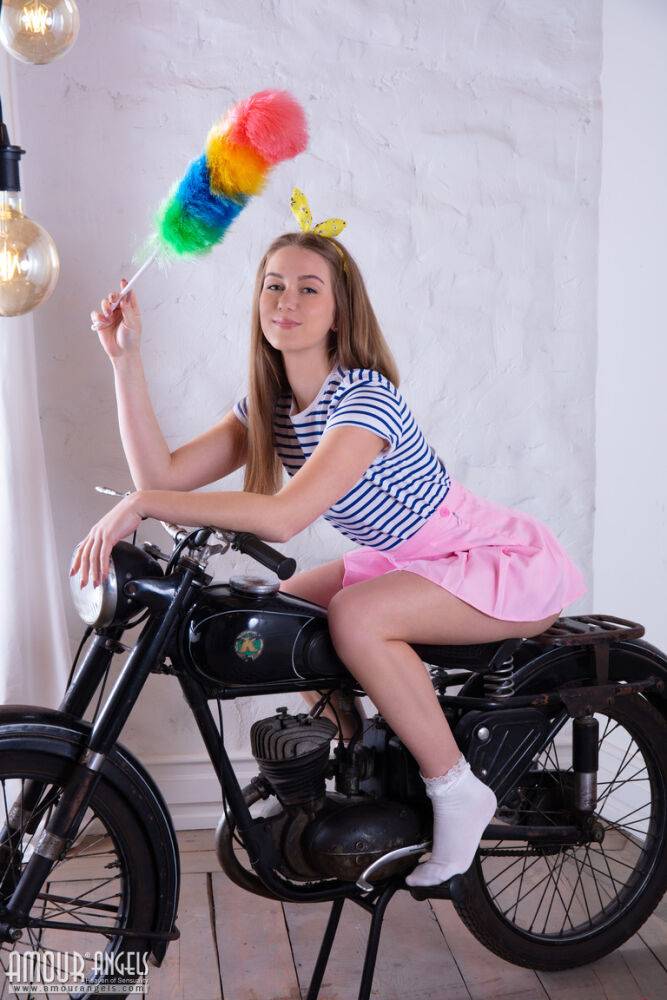 Adorable teen Milka gets totally naked in front of a vintage motorcycle - #6