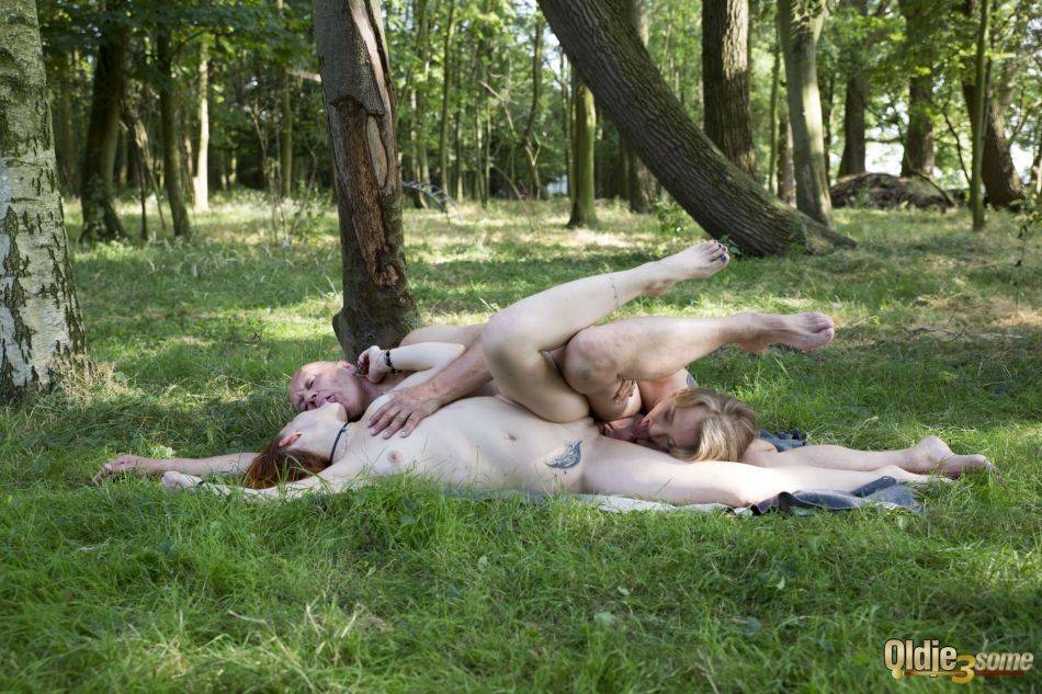 Teen girls Candy Teen and Red Linx have a 3some with an old man in the woods - #9