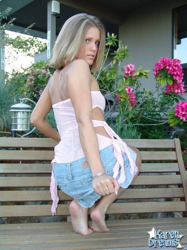 Blonde amateur Karen exposes her upskirt underwear on a garden bench - #3