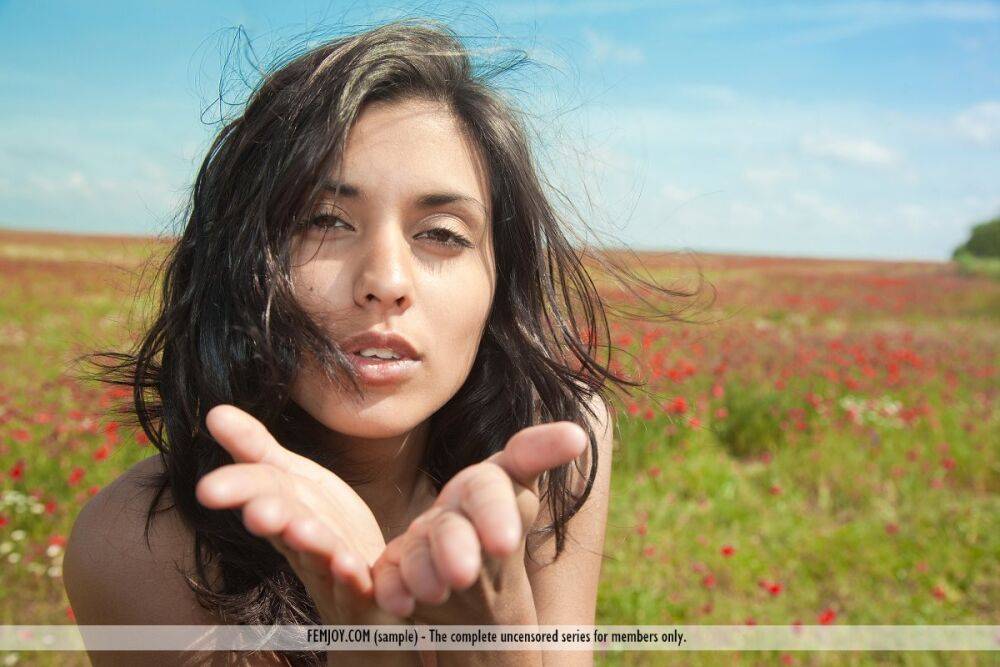 Long legged brunette Adrienne models totally naked a field of wildflowers - #5