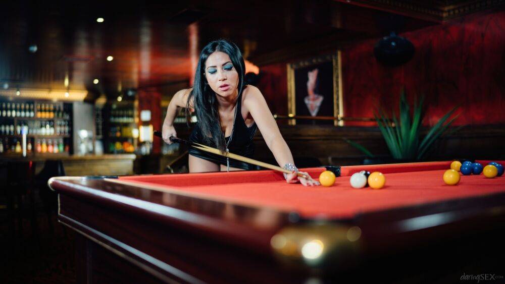 Hot Latina Julia de Lucia strips top her black panties atop a snooker table - #12