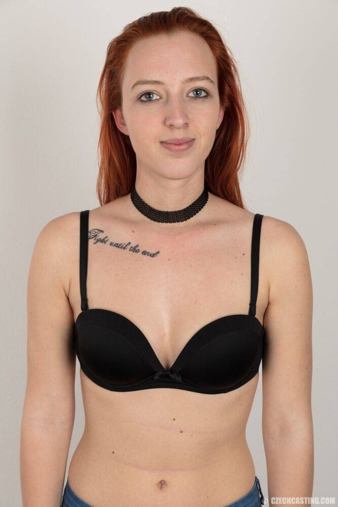 18 year old redhead wears a choker while stripping to a black thong - #12