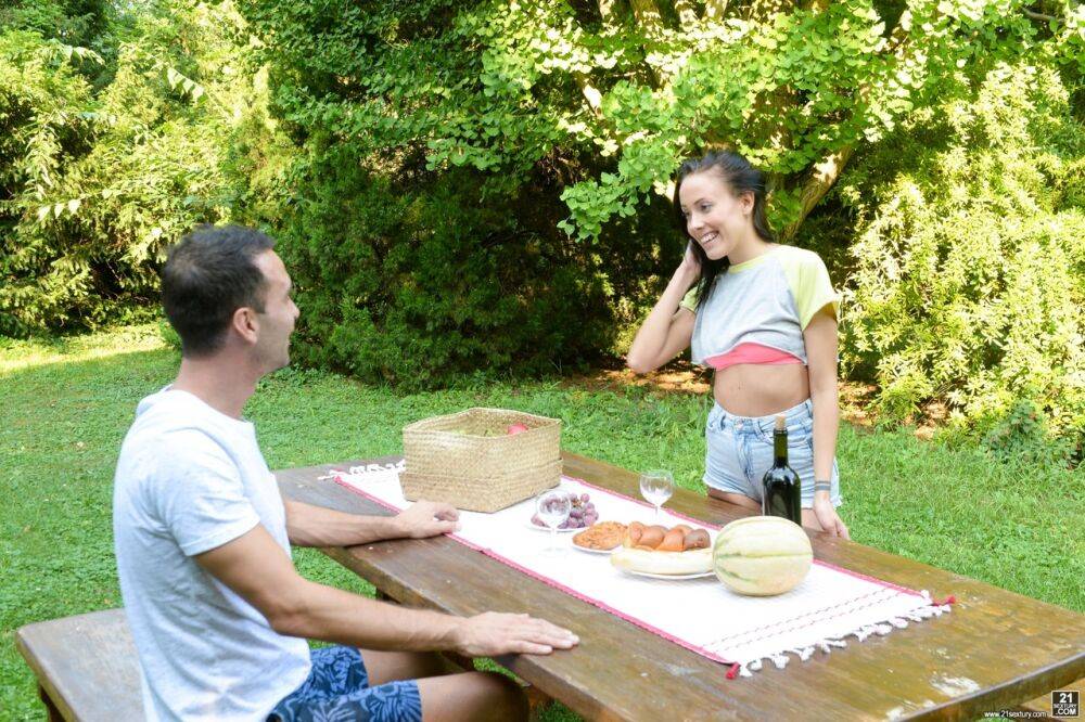 Dark haired girl Lexi Layo sucks the jizz from a cock on a picnic table - #9