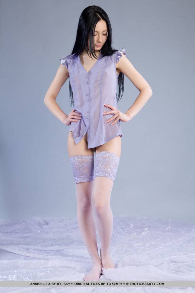 Solo girl with long dark hair Anabelle A shows her hairy muff in mauve hosiery - #4