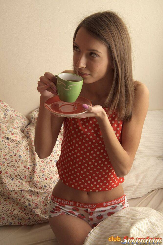 Tiny teen takes tea prior to ass to mouth sex in white socks on a bed - #12