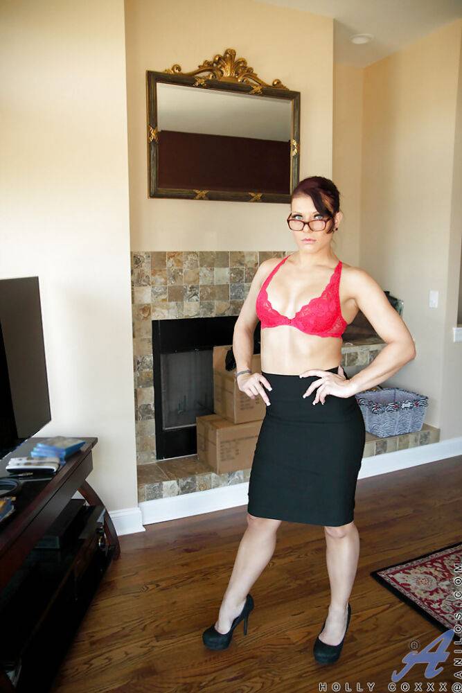 Hot MILF in glasses Holly Coxxx stripping and playing with a vibrator - #12