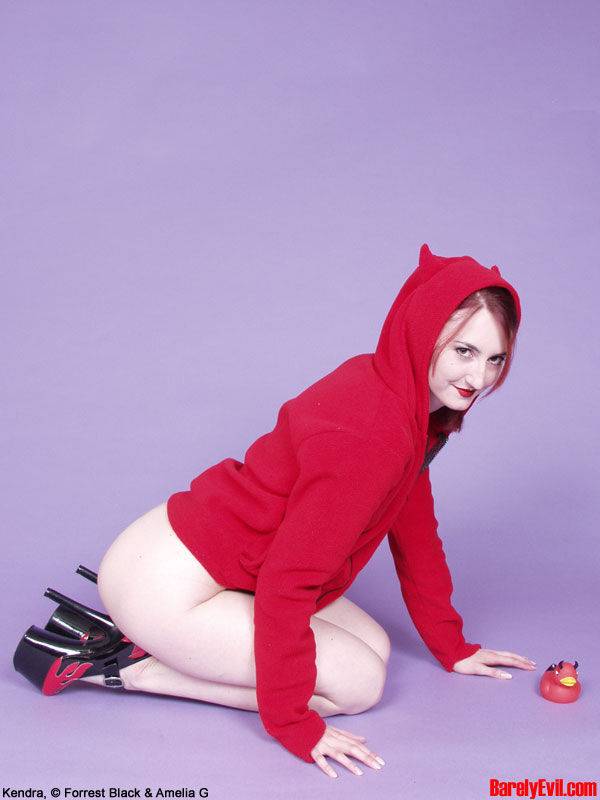 Solo girl Kendra shows her landing strip in a cosplay hoodie and high heels - #4