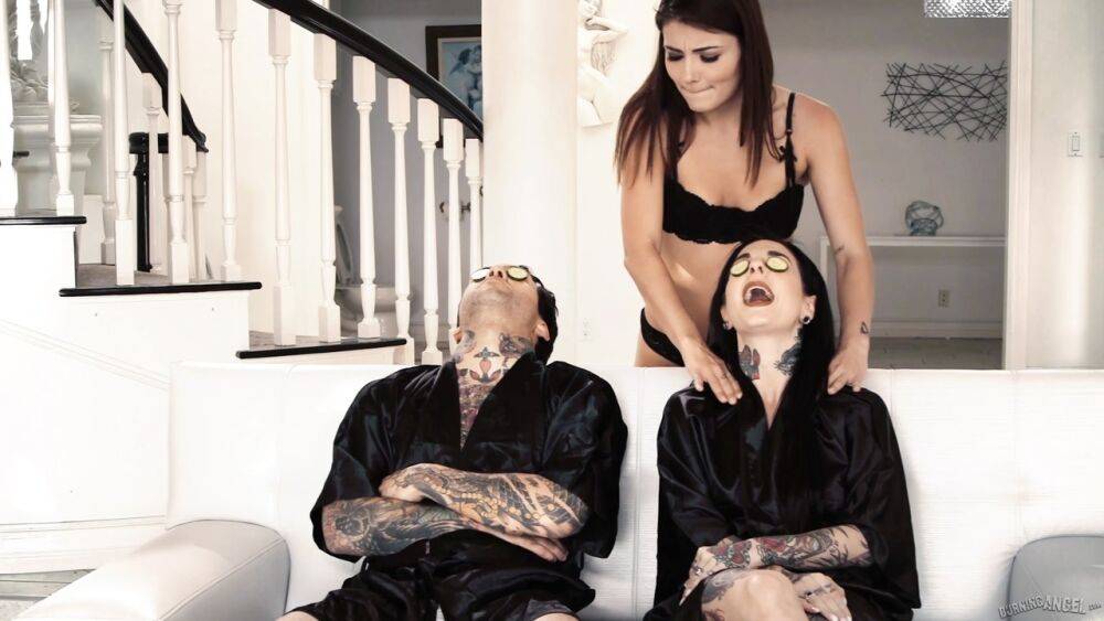 Cute babysitter Adria Rae is enticed into a 3some with a tattooed couple - #7