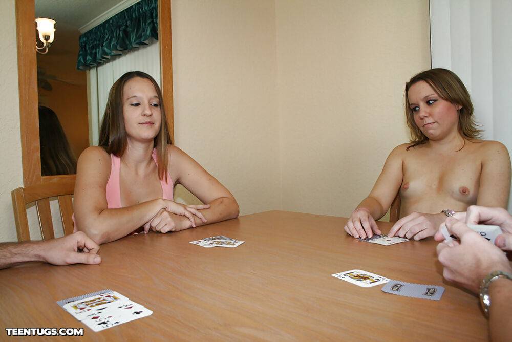 Frisky teenies gamble away and give a handjob on a stiff dick - #11