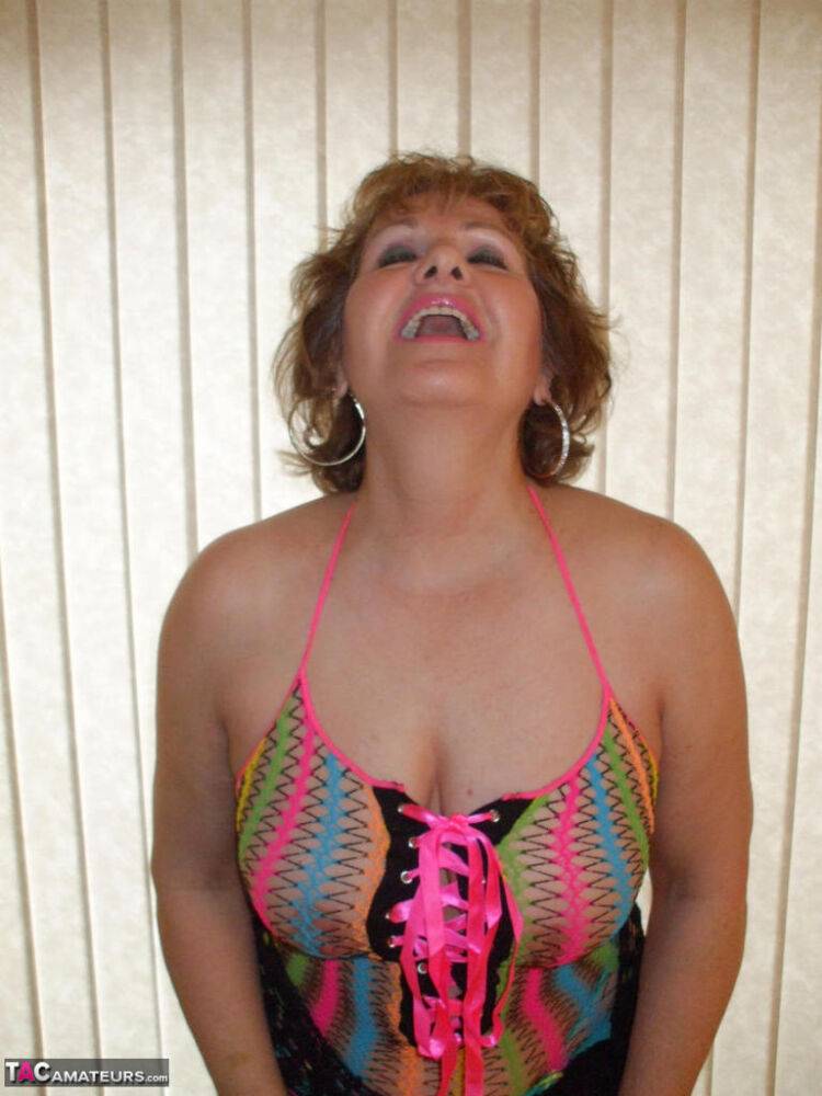Mature wifey Busty Bliss posing in her exotic see through mesh top - #7
