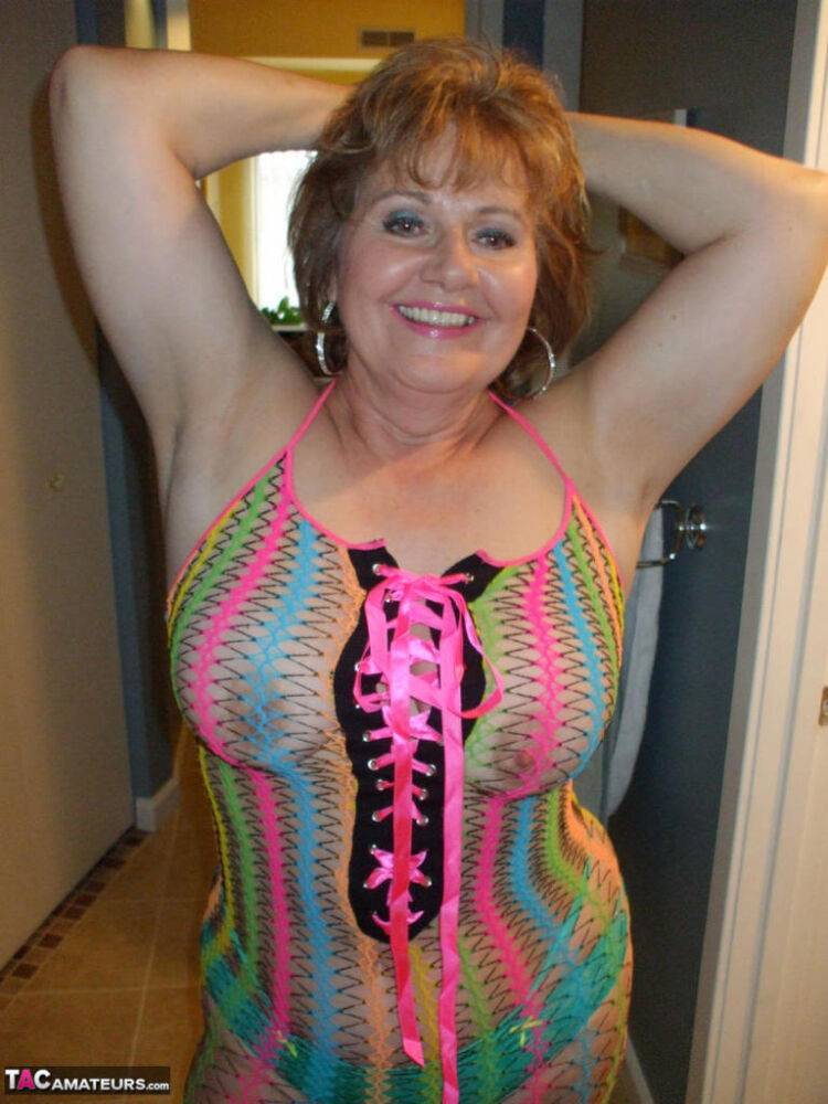 Mature wifey Busty Bliss posing in her exotic see through mesh top - #12