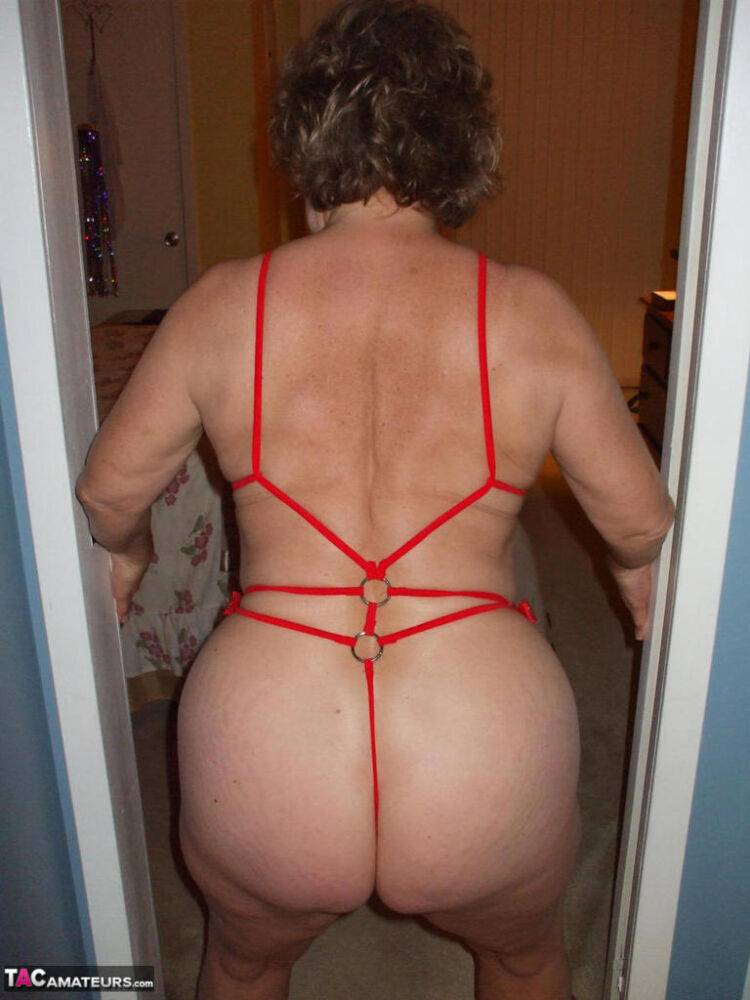 Aged lady Busty Bliss gives the bird wearing see thru lingerie in bathroom - #7