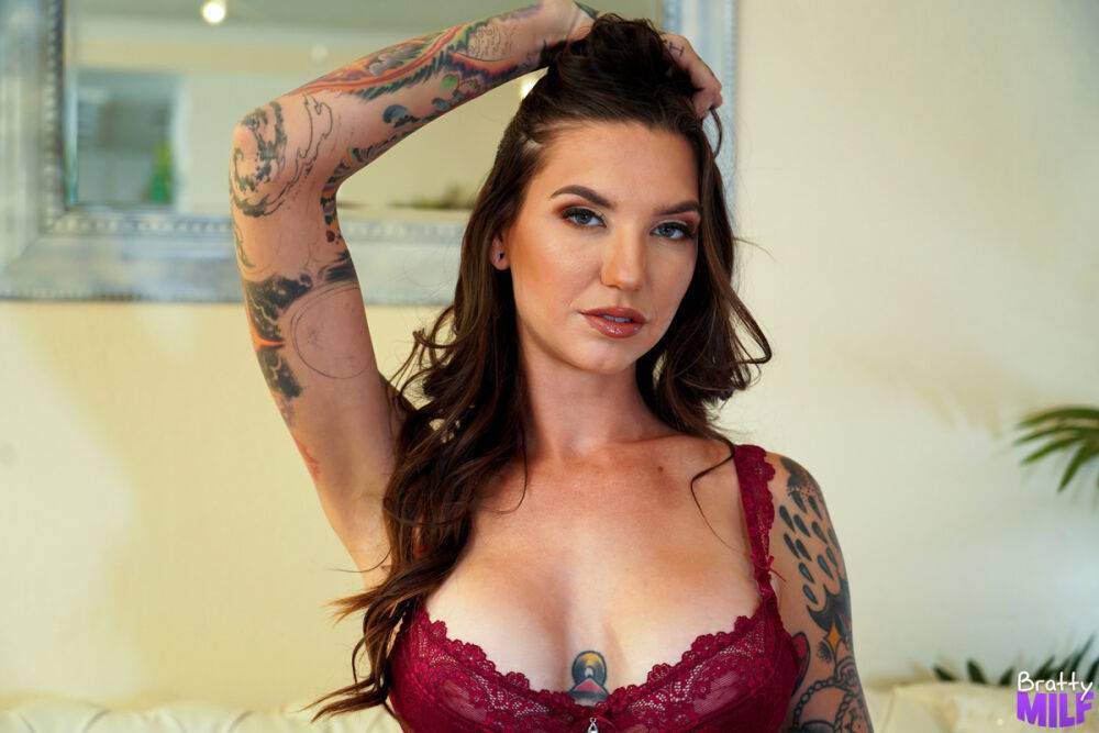 Tattooed brunette Rocky Emerson models wine toned lingerie before POV sex - #9
